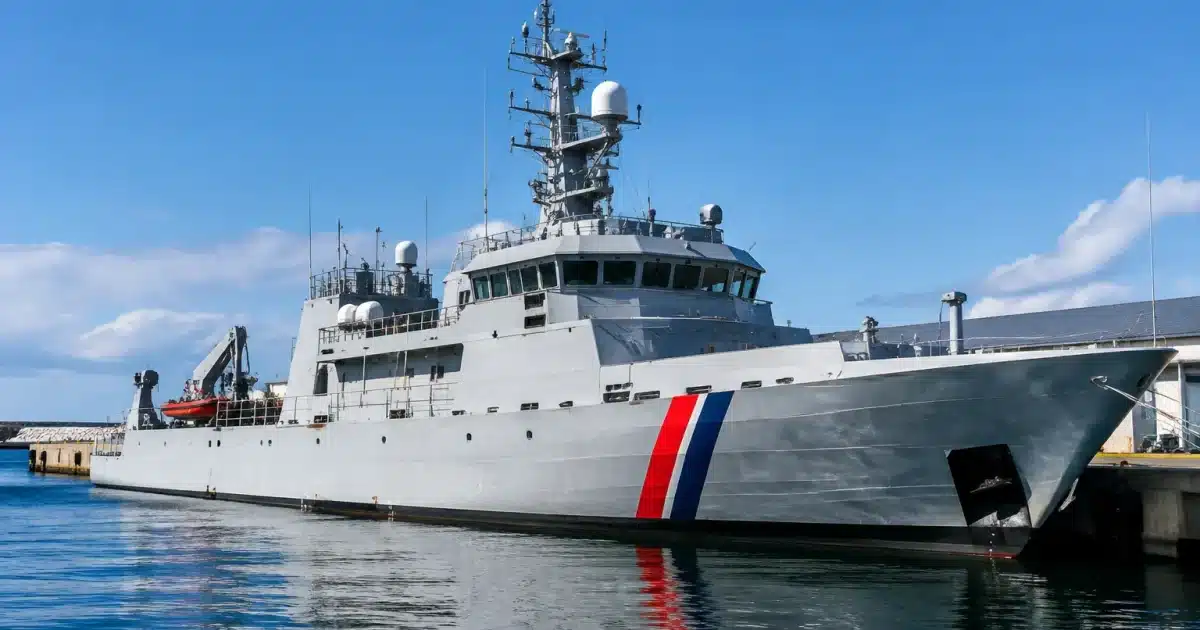 Navire garde-côtier gris amarré au quai, vue laterale