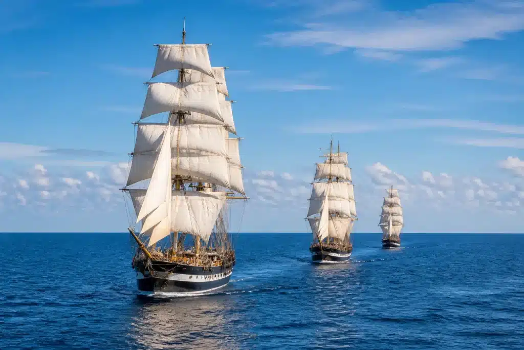 Navires anciens convertis naviguant en formation maritime