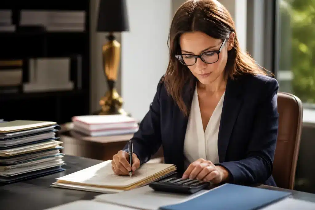 Notaire calculant les frais avec documents et calculatrice