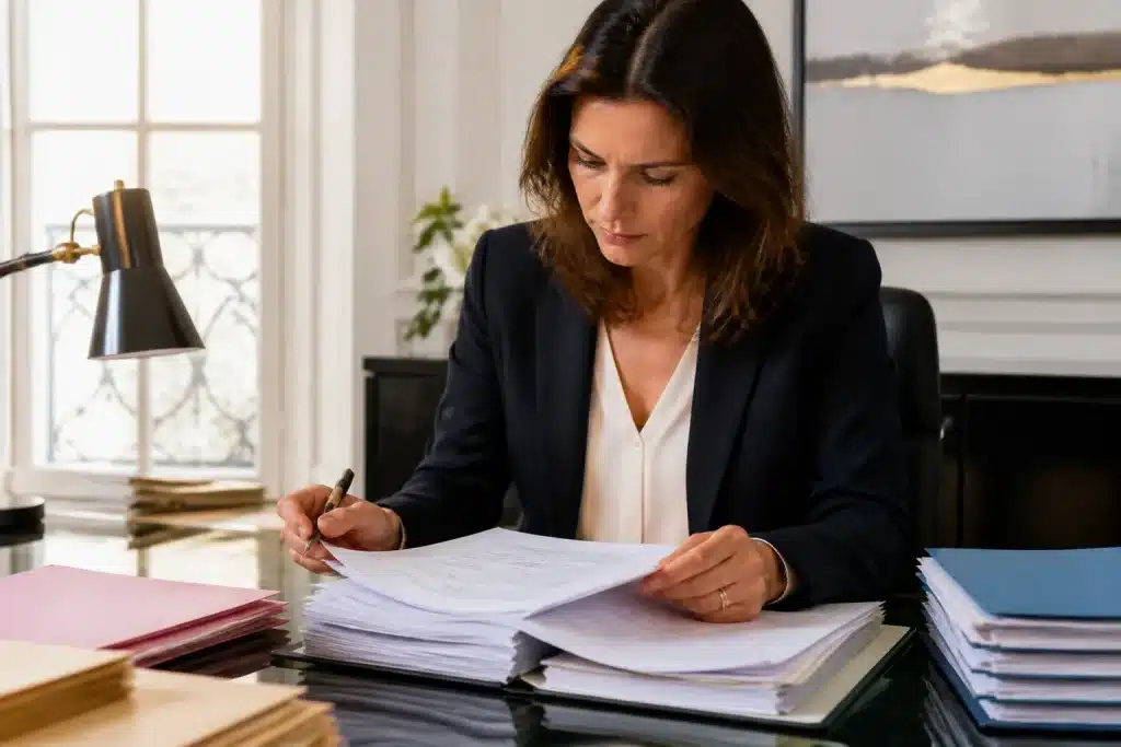 Notaire examinant documents succession avec stylo et dossier fiscal
