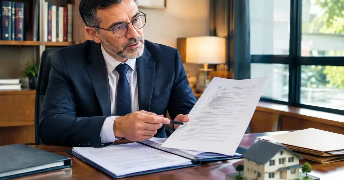 Notaire assis a son bureau presentant documents succession maison