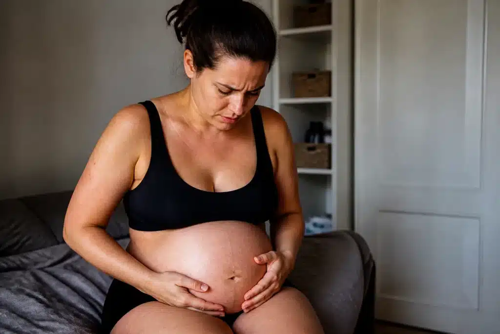 Femme tenant son abdomen gonflé après accouchement