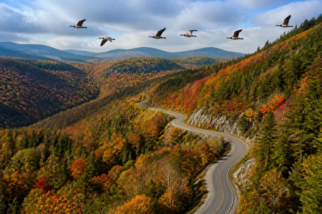 Oiseaux en migration survolant une route sinueuse