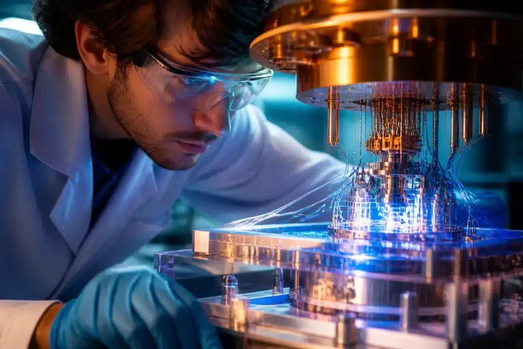 Chercheur examine circuit quantique avec composants luminescents