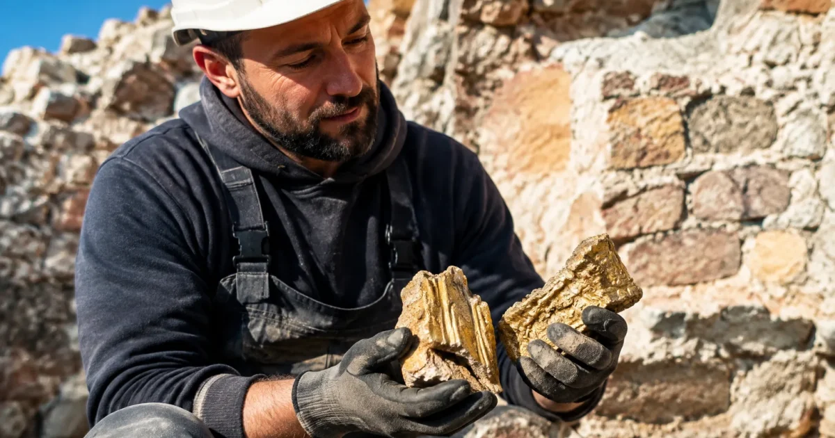 Ouvrier tenant pieces dorees extraites des vieux murs
