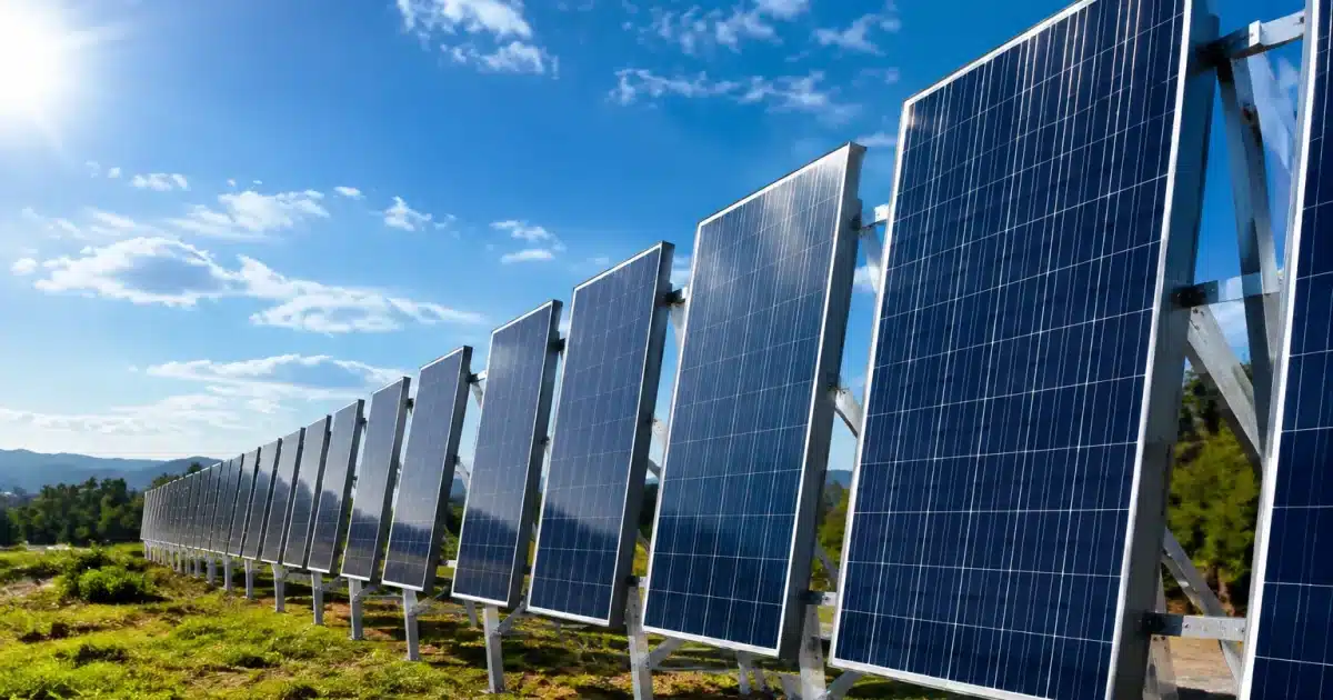 Panneaux solaires alignes verticalement captant lumiere sur structure metallique