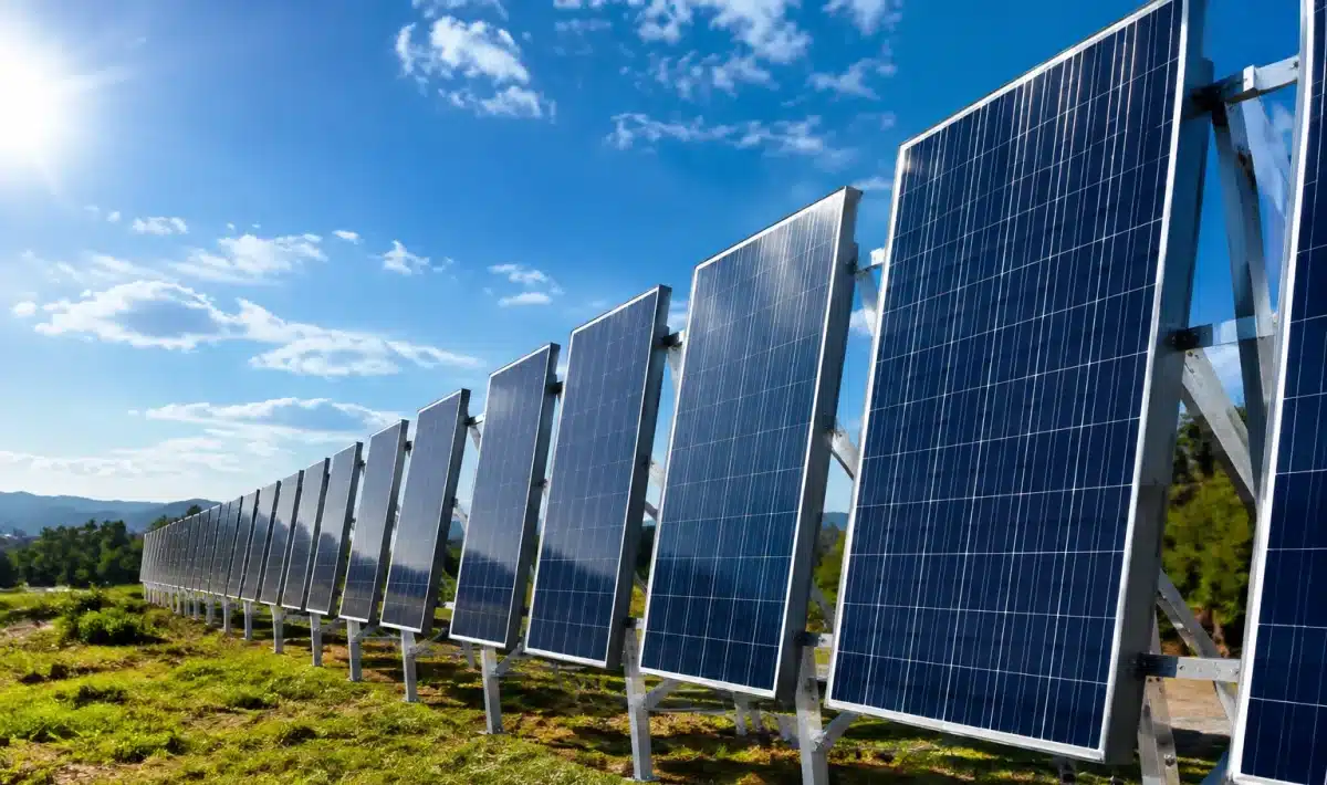 Panneaux solaires alignes verticalement captant lumiere sur structure metallique