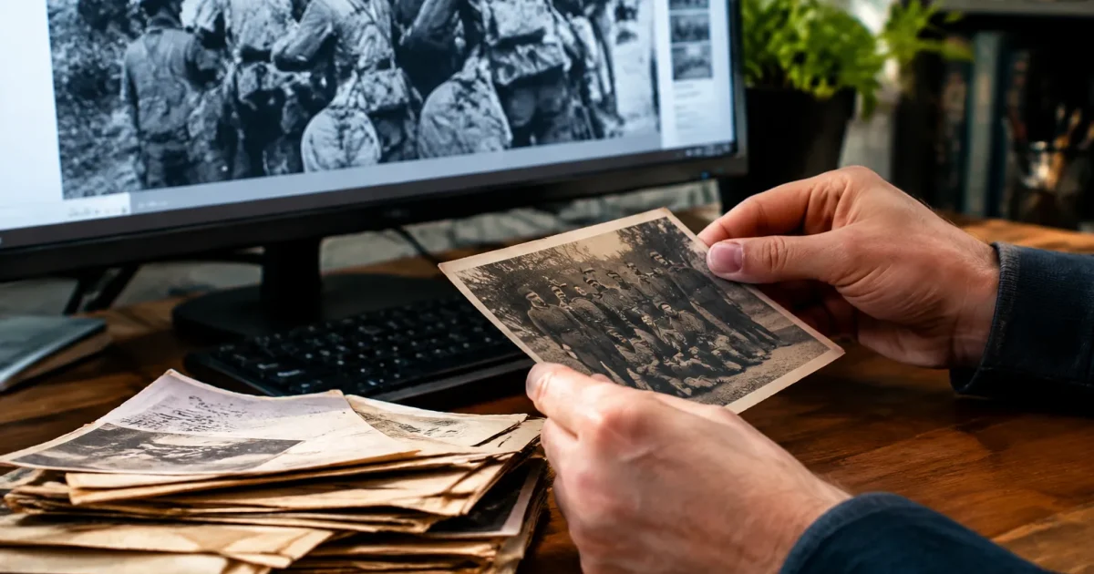 Vieux papier inscriptions militaires pres ecran informatique lumineux