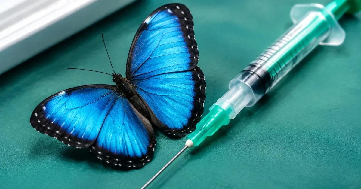 Papillon bleu positionne pres dune seringue medicale verte