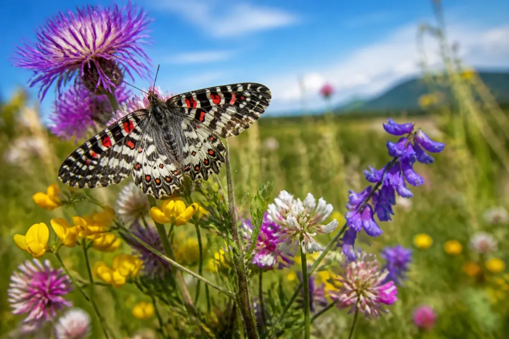 Papillon genetique parmi fleurs sauvages multicolores