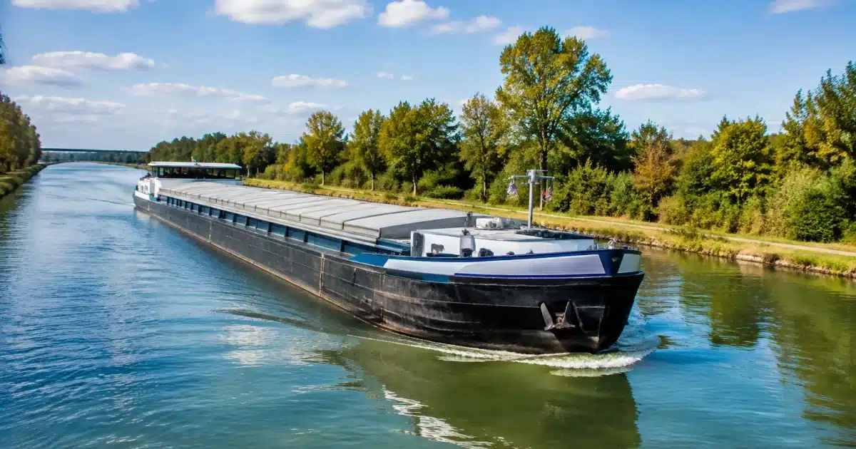Péniche naviguant sur canal européen reliant fleuves nord
