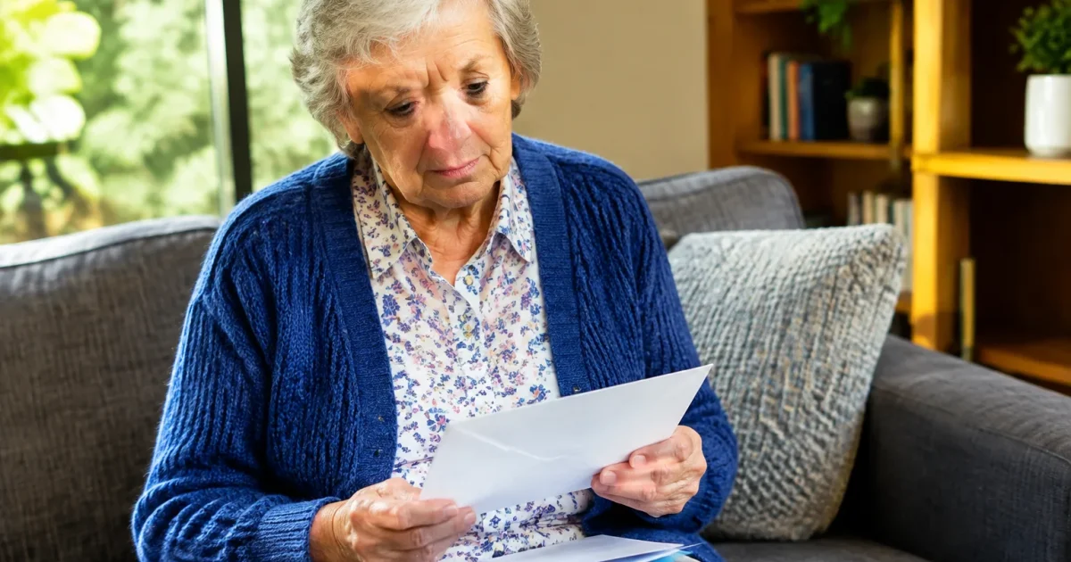Personne agee assise seule, tenant enveloppe administrative