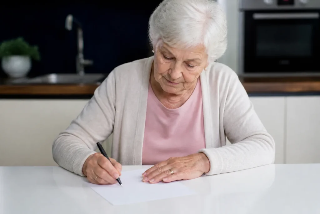Personne agee completant formulaire administratif blanc table