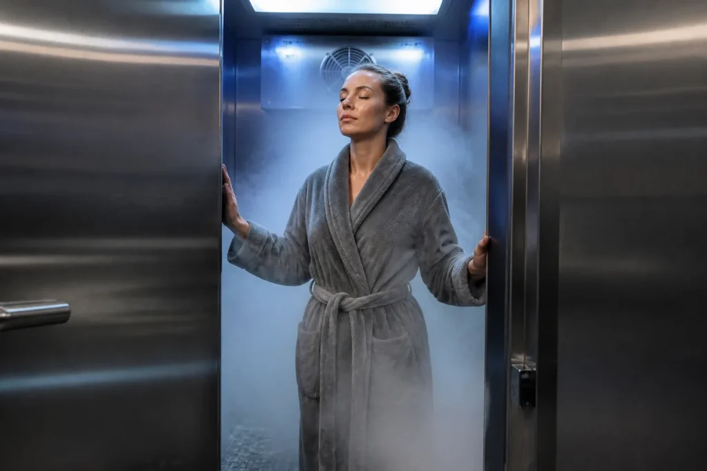Personne dans chambre glaciale avec vapeur blanche