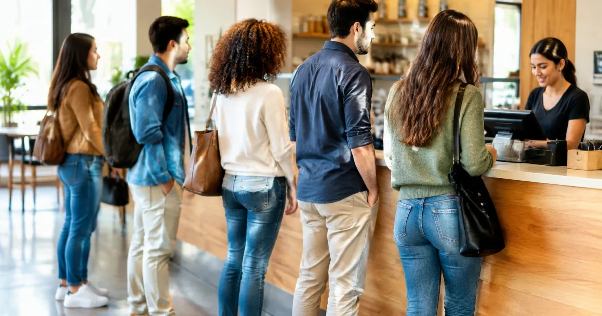 Personnes debout formant queue devant petits comptoirs de service
