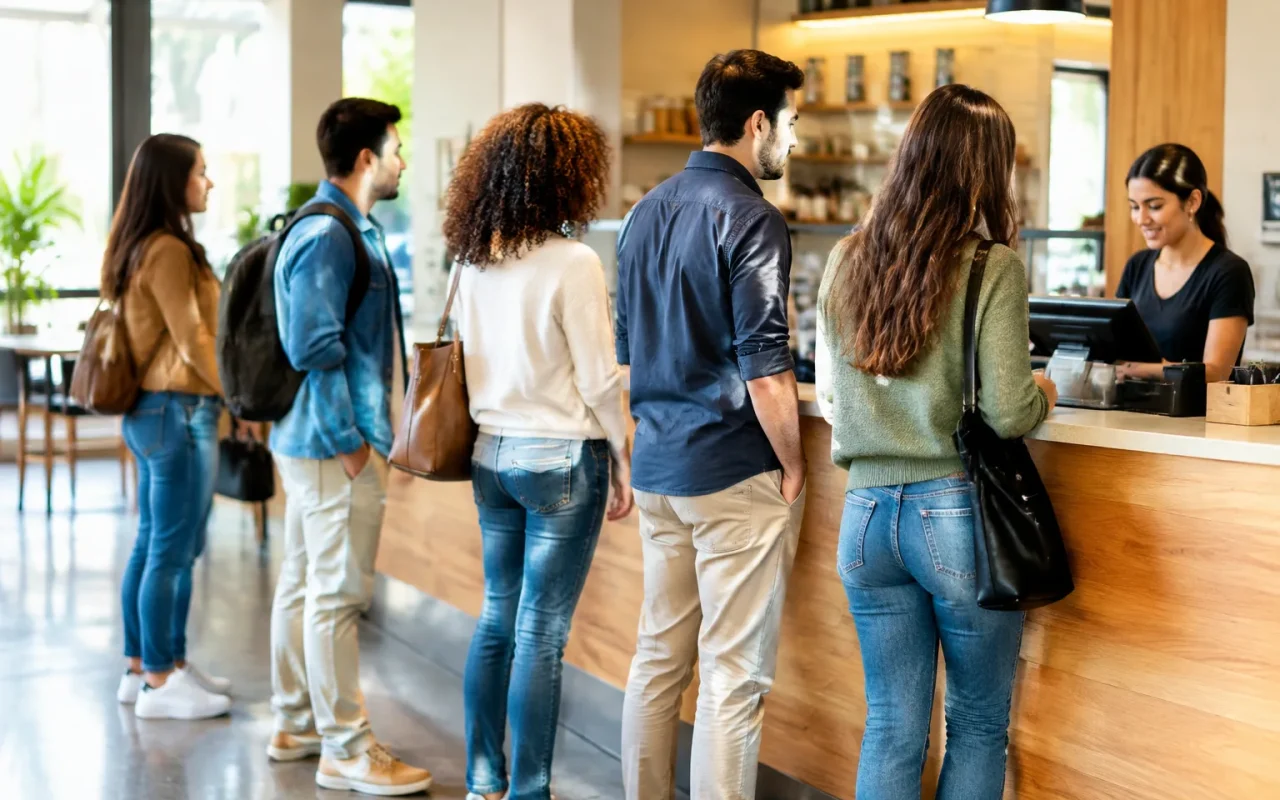 Personnes debout formant queue devant petits comptoirs de service