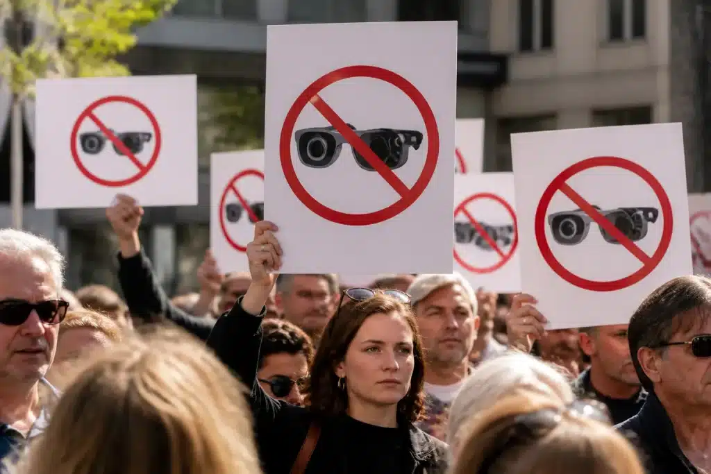 Foule tenant pancartes contre lunettes connectées avec cameras
