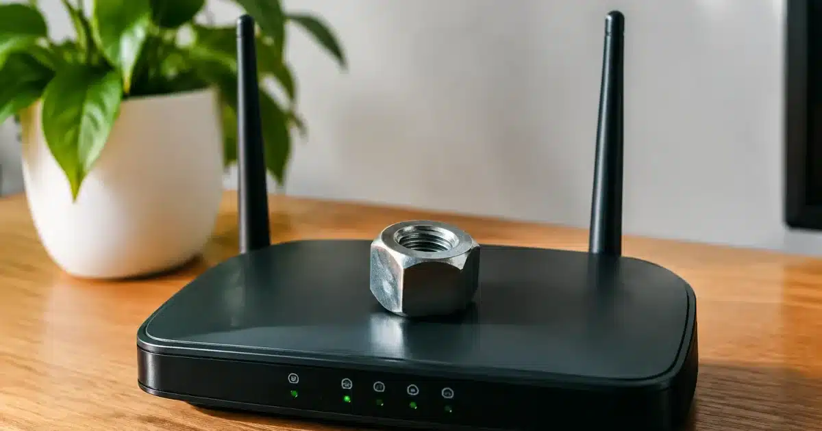 Piece metallique posee en equilibre sur le dessus d'une box internet