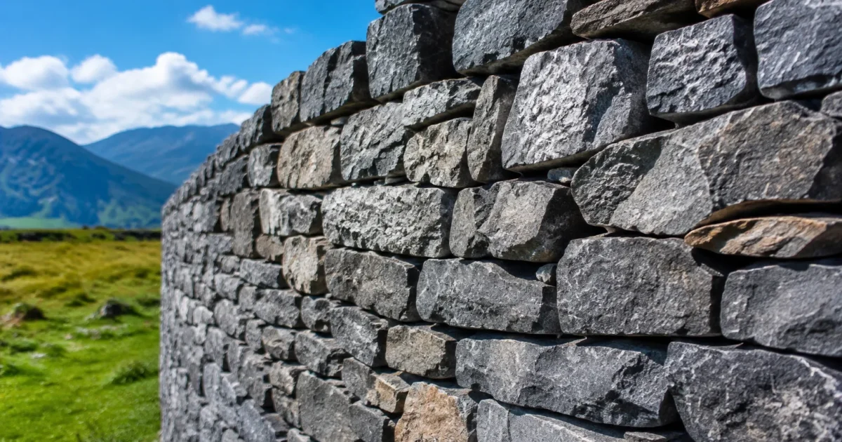 Pierres grises empilees verticalement formant un mur epais