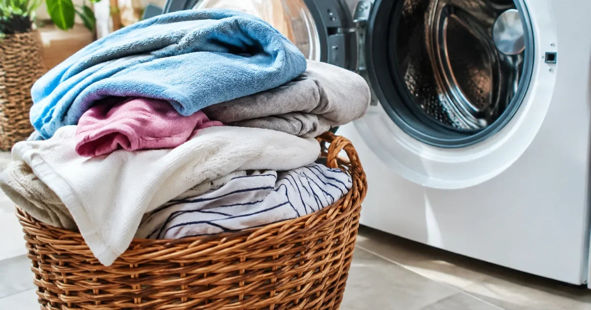 Pile de linge doux pres machine a laver