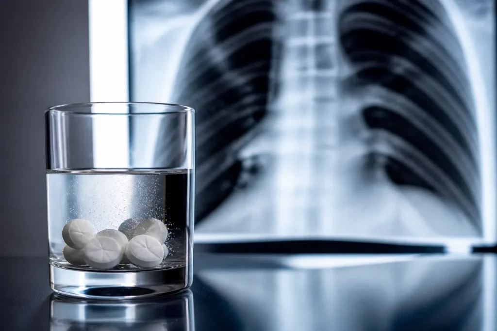 Pilules blanches dans un verre avec une radiographie
