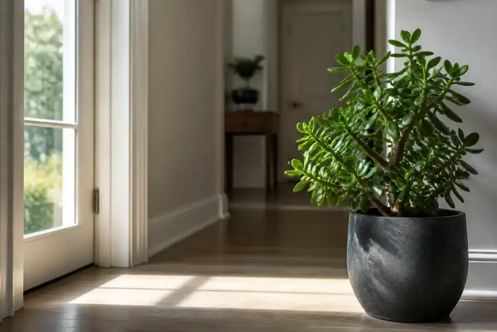 Plante jade verte positionnée a droite entree lumineuse