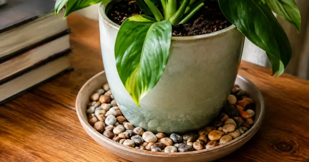 Plateau peu profond rempli de petites pierres posé sous pot de plante interieur
