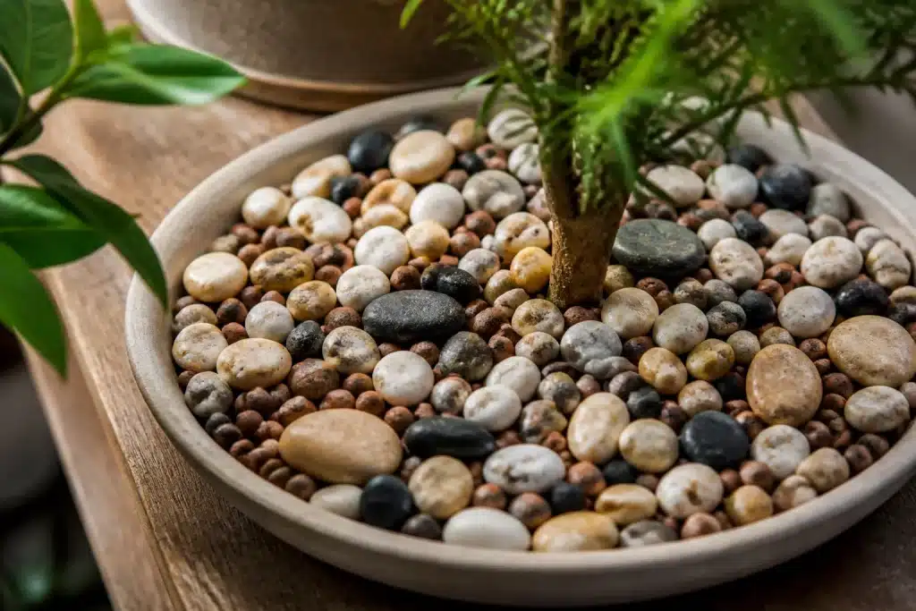 Plateau peu profond rempli de galets naturels et billes argile