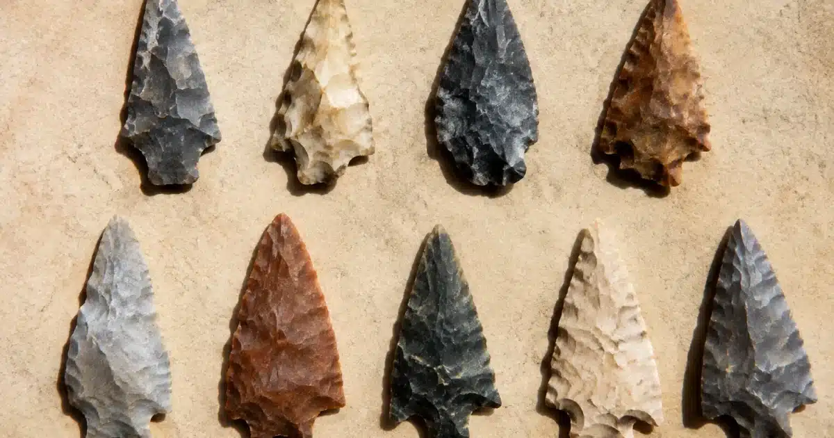 Pointes de flèches en pierre préhistoriques alignées sur surface beige