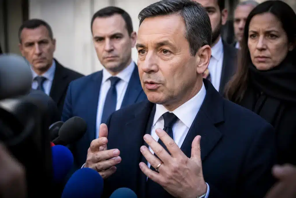 Politicien parlant devant micros sans révéler informations