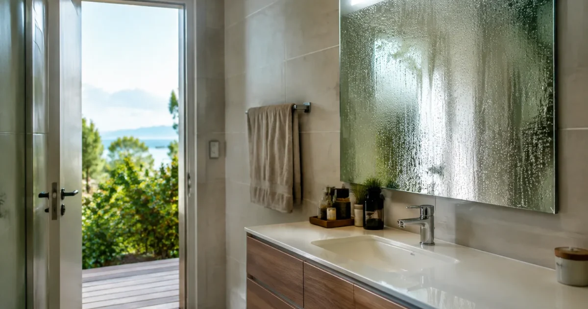 Porte salle bain grande ouverte miroir avec buee
