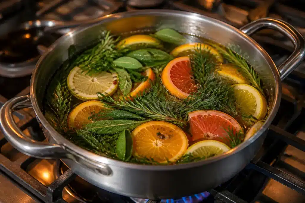 Casserole frémissante remplie d'herbes et agrumes colorés