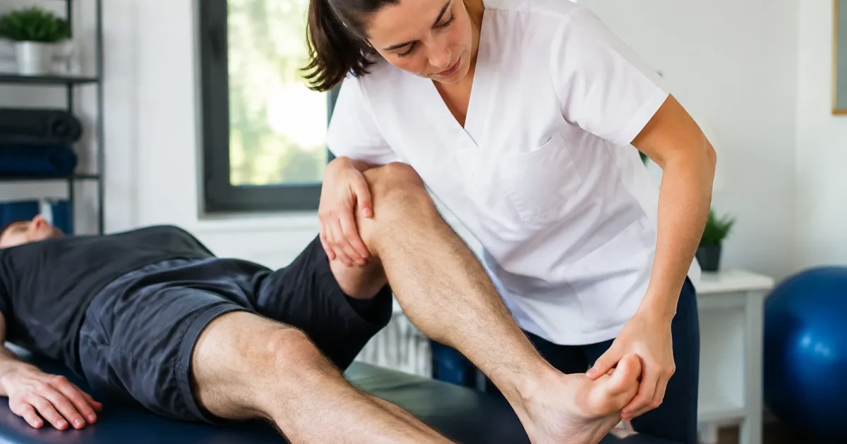 Praticien examinant pied dos et genou du patient immobile