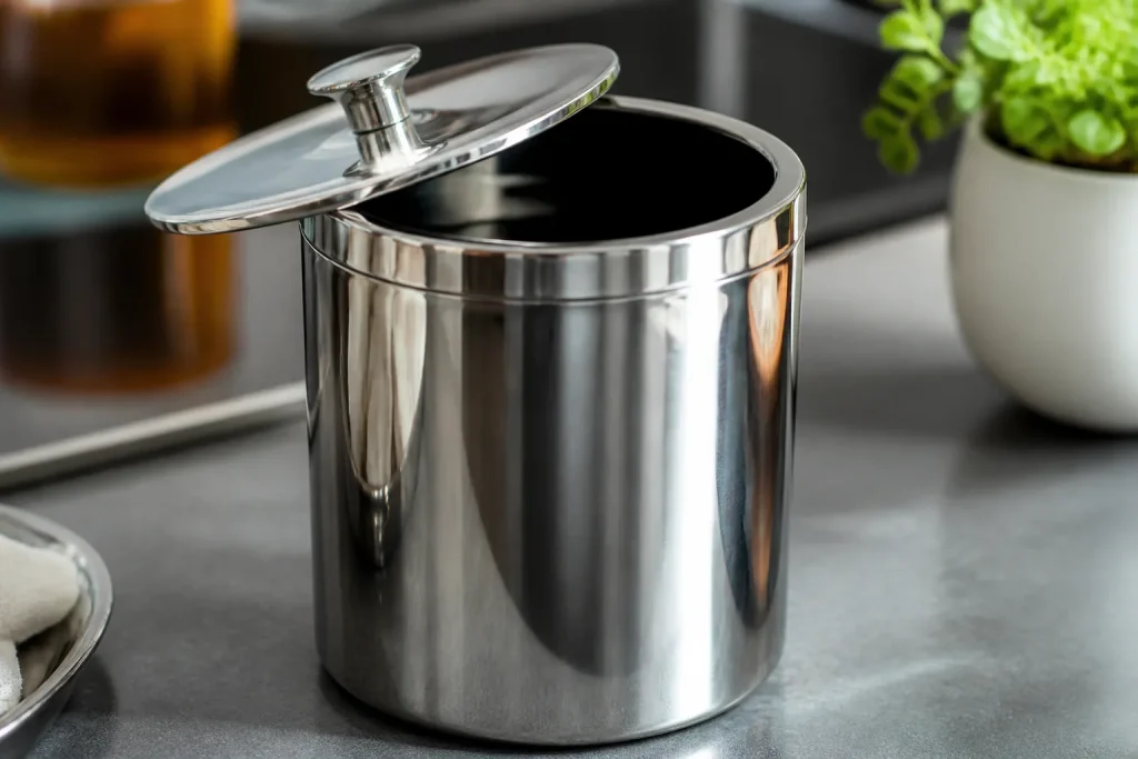 Recipient inox metallique brillant avec couvercle et ouverture