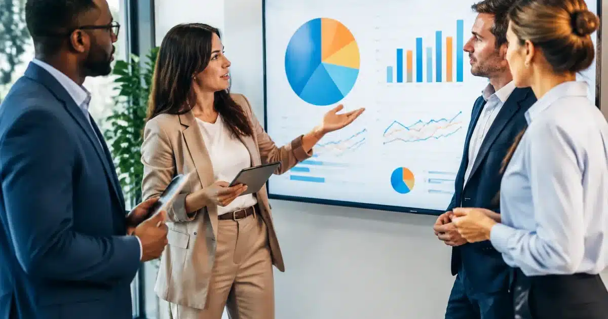 Groupe de professionnels debout discutant autour de graphiques statistiques affichés