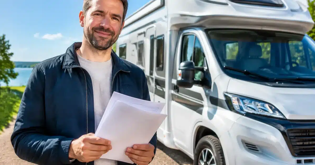 Homme tenant documents de remboursement devant camping-car neuf