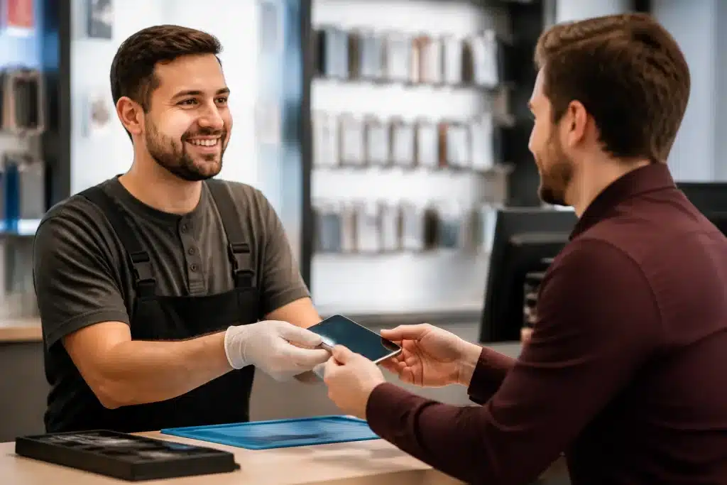 Client recevant reparation gratuite produit electronique magasin