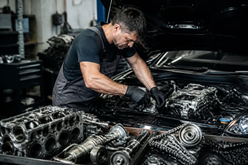 Mecanicien reparant moteur automobile use avec pieces detachees