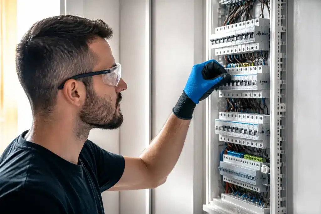 Technicien ajuste paramètres sur tableau électrique domestique