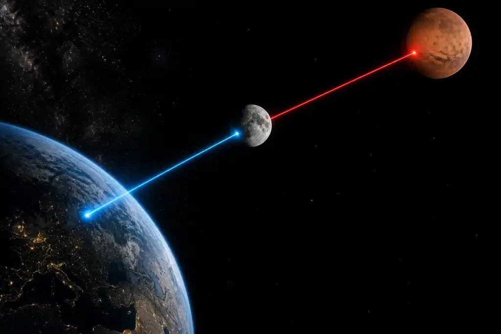 Faisceaux laser reliant Terre, Lune et Mars dans l'espace