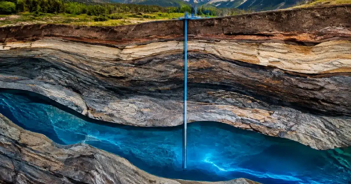 Coupe geologique souterraine montrant reservoir aquifere profond sous terre