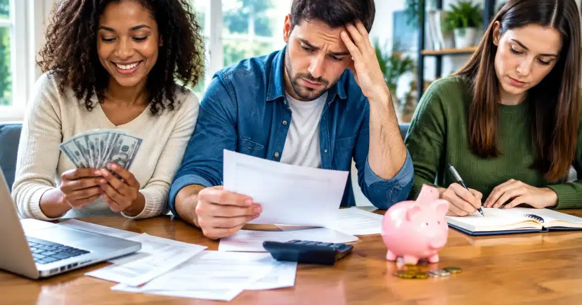Trois personnes assises montrant différentes situations financières devant documents