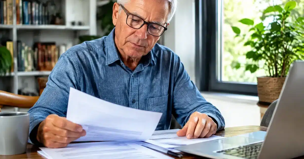 Personne agee assise consultant documents administratifs relatifs pension retraite