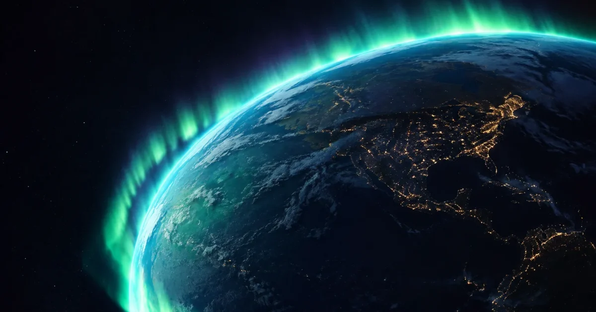 Rideau lumineux courbant autour de la Terre sombre