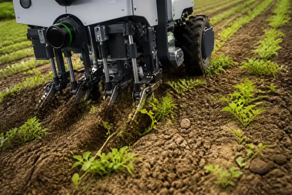 Robot désherbage mécanique arrachant mauvaises herbes terre nue