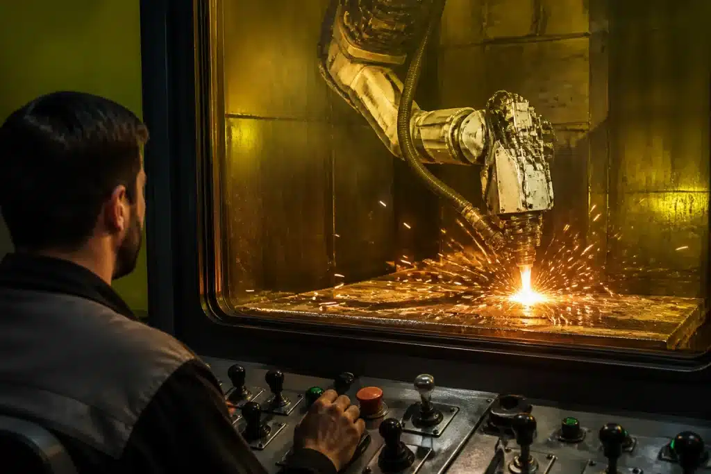 Bras robotique découpe acier radioactif depuis cabine contrôle