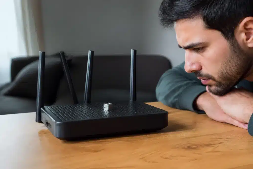 Personne observant routeur Wi-Fi avec piece metallique dessus