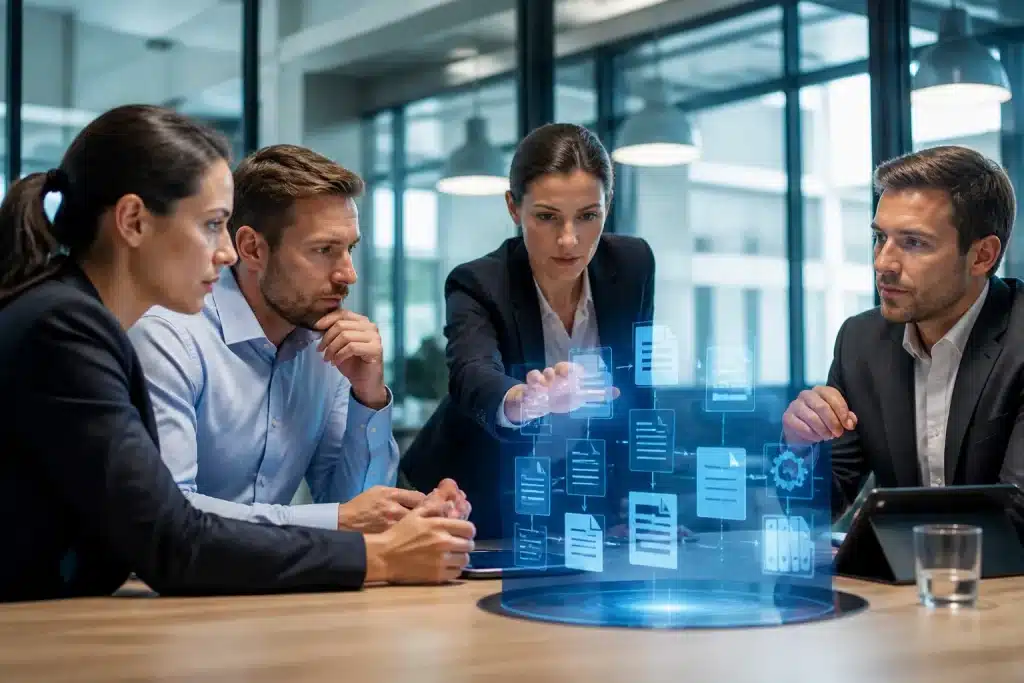 Reunión de empleados discutiendo automatización con documentos digitales