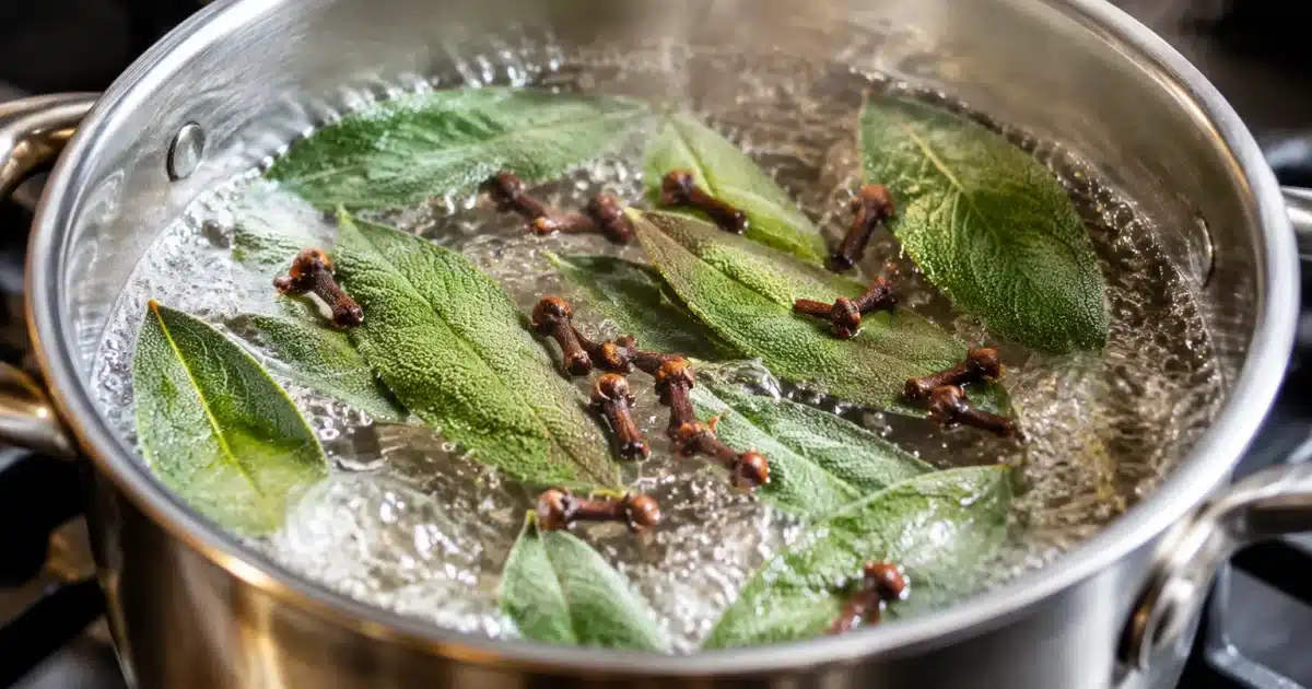 Casserole d'eau bouillante avec feuilles sauge et clous girofle dedans