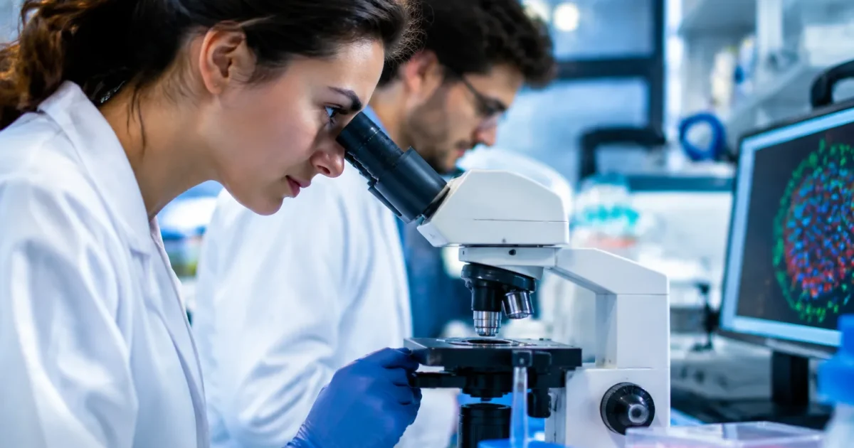 Scientifiques penches sur des cultures cellulaires sous microscope